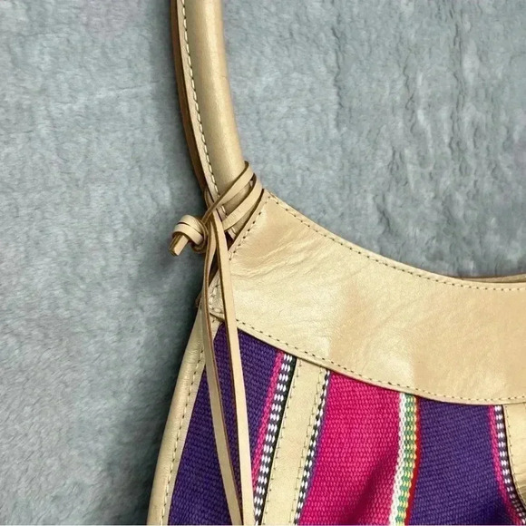 Sharif Marc & Marc Striped Beaded Floral Patch Large Leather/Canvas Tote Bag - Picture 11 of 15